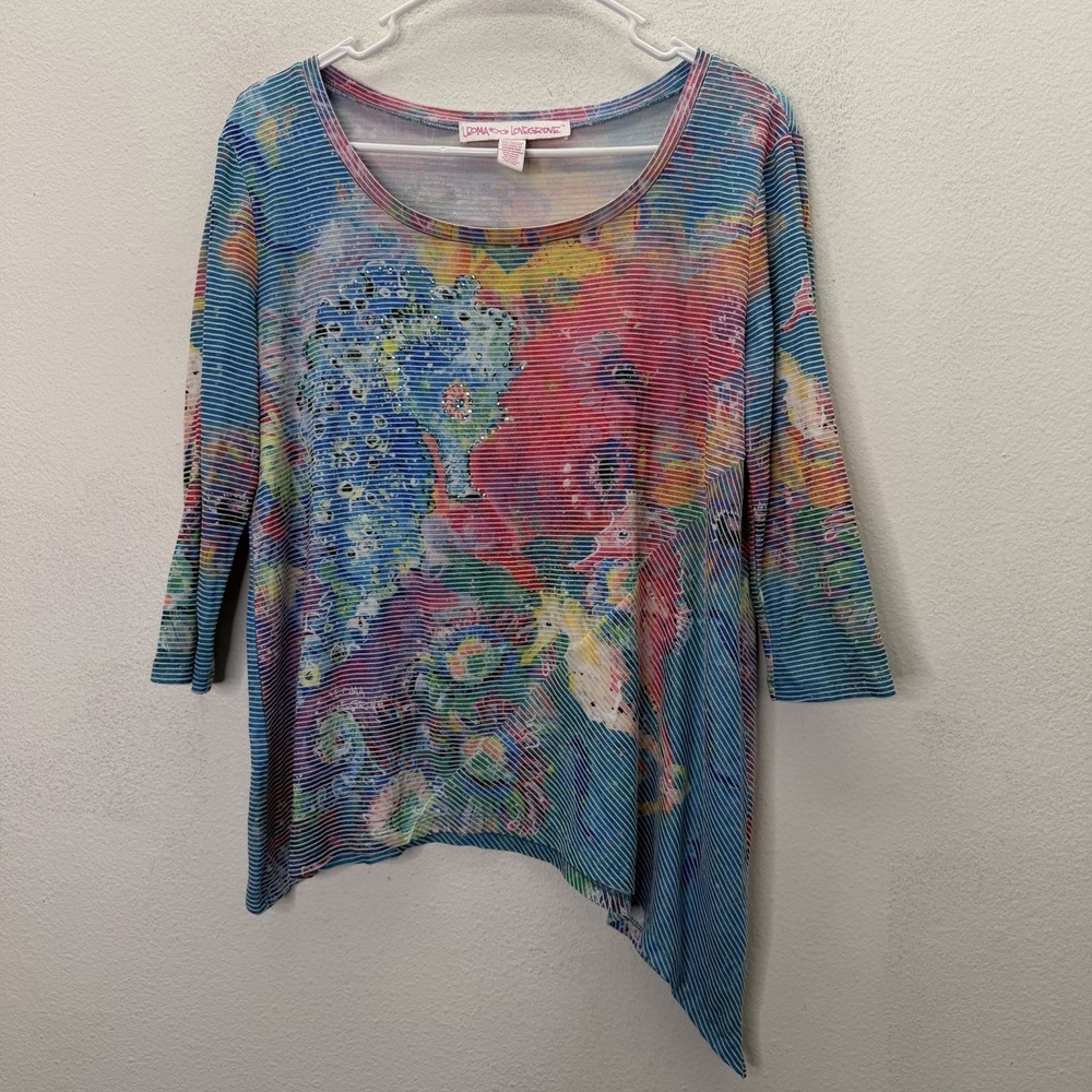 Leoma Lovegrove Artsy Watercolor Seahorse Print Top Art To Wear Asymmetric M